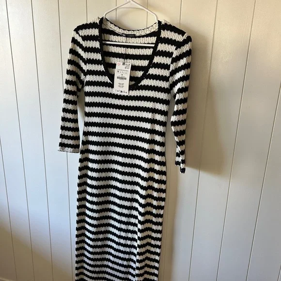 Zara Monochrome Striped Long Sleeve Dress - Picture 1 of 5